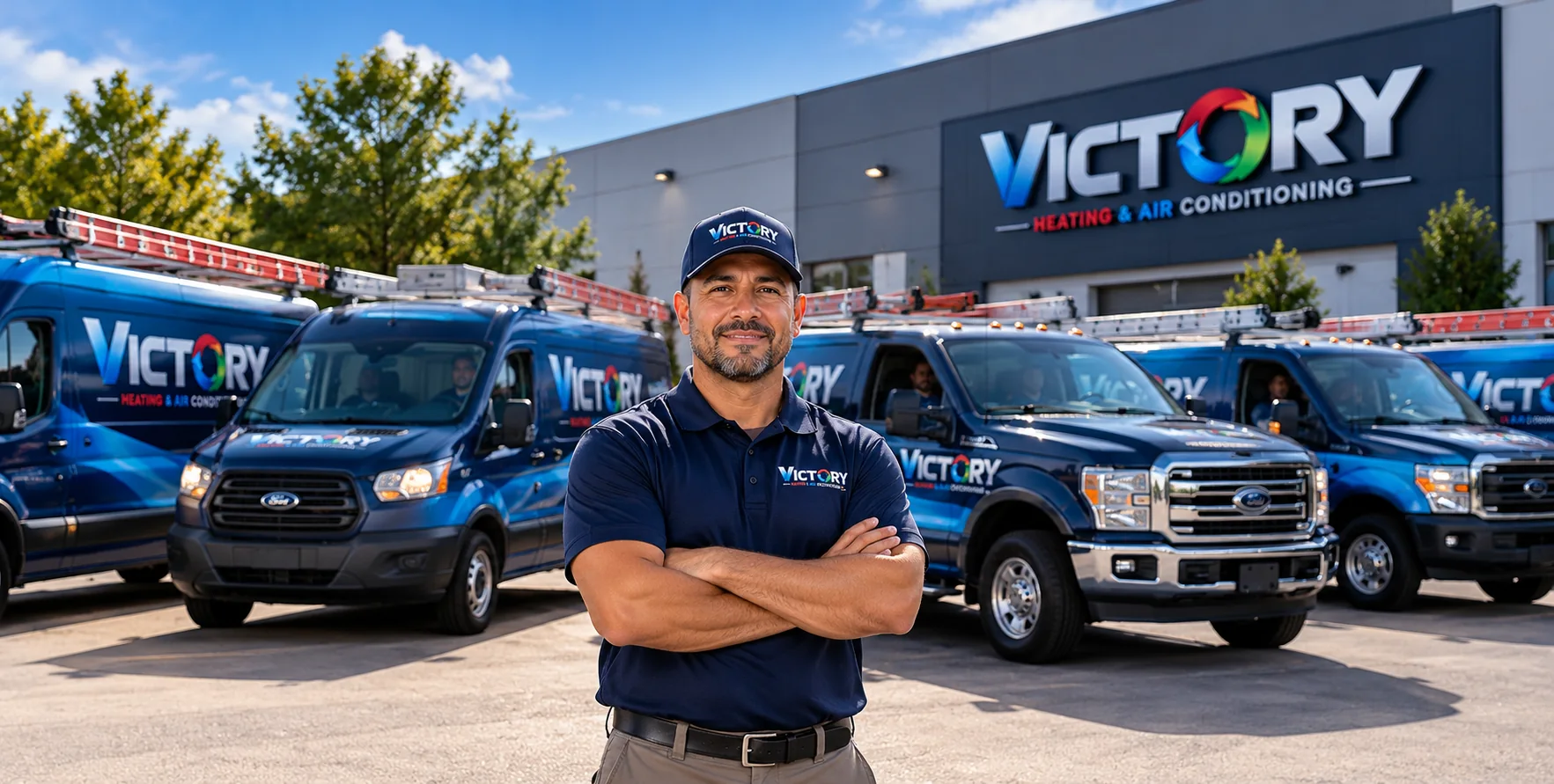 Victory Heating & Air Comfort Expert in front of the Victory fleet and headquarters