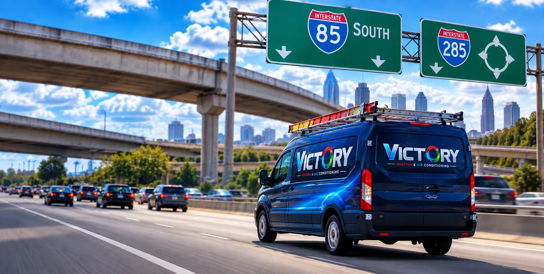 Victory Heating & Air service van on the I-85 / I-285 interchange near Atlanta